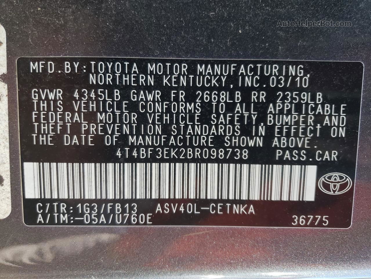 2011 Toyota Camry Base Gray vin: 4T4BF3EK2BR098738