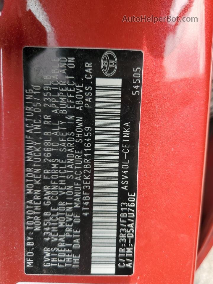 2011 Toyota Camry Base Red vin: 4T4BF3EK2BR116459