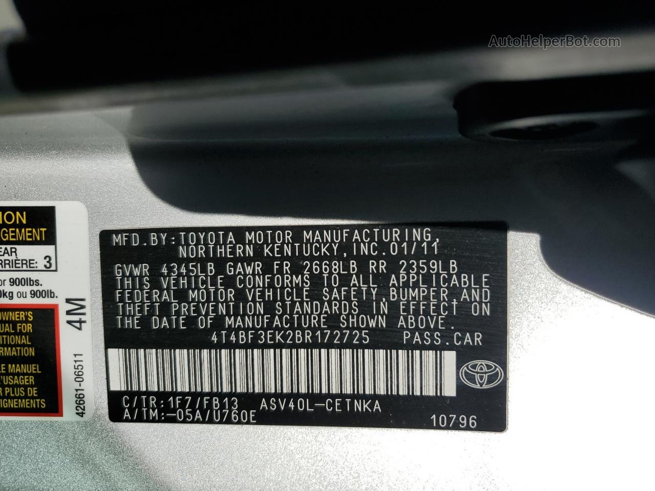 2011 Toyota Camry Base Silver vin: 4T4BF3EK2BR172725