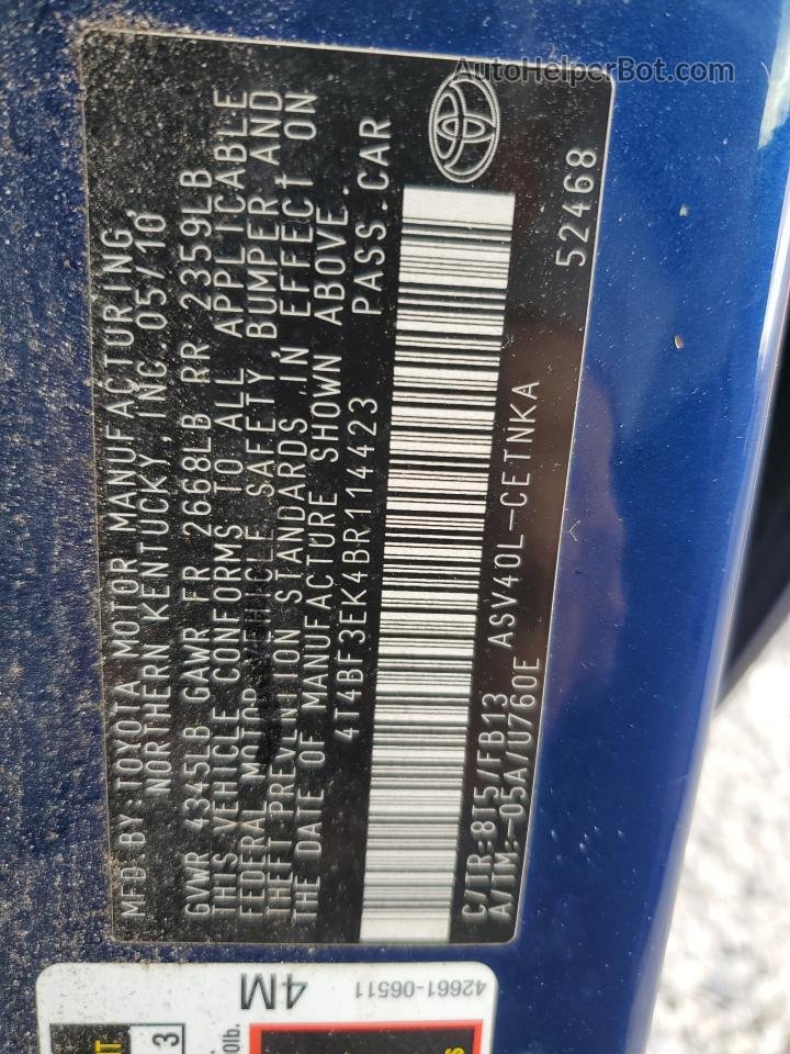 2011 Toyota Camry Base Синий vin: 4T4BF3EK4BR114423
