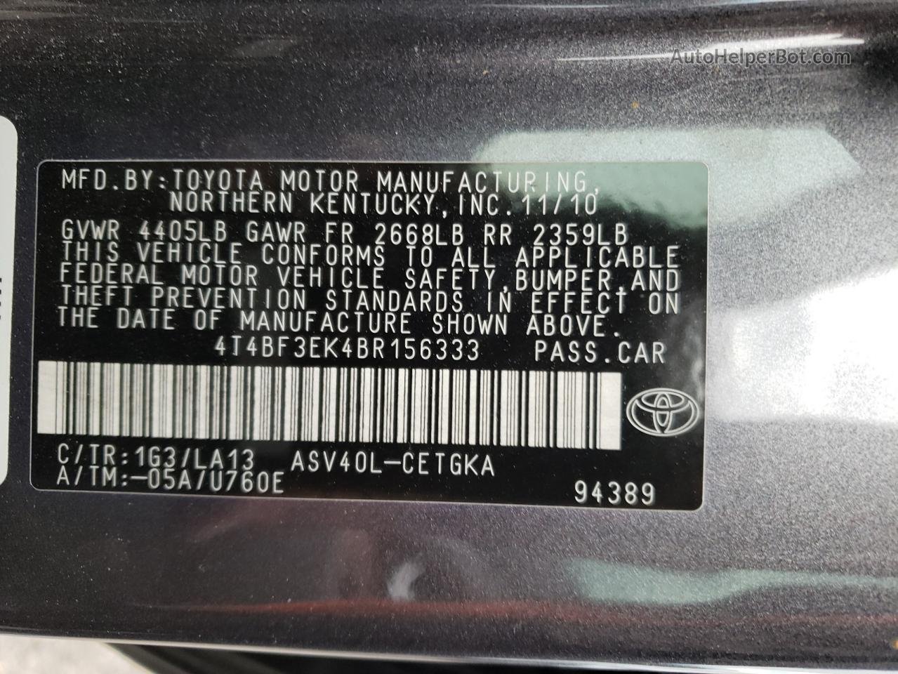 2011 Toyota Camry Base Gray vin: 4T4BF3EK4BR156333
