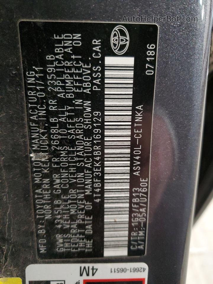 2011 Toyota Camry Base Серый vin: 4T4BF3EK4BR169129