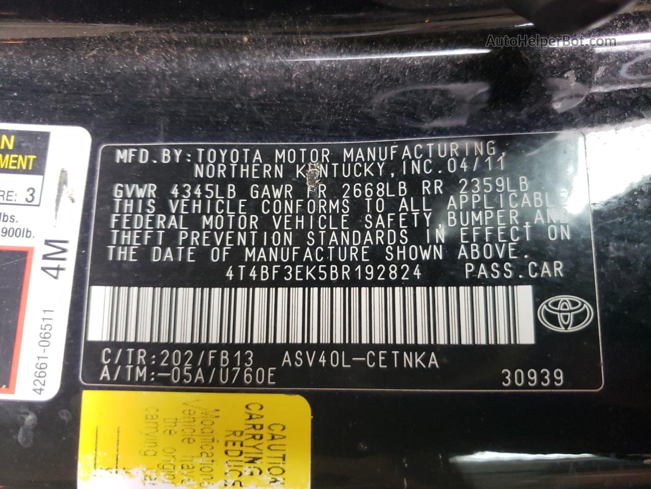 2011 Toyota Camry Base Черный vin: 4T4BF3EK5BR192824