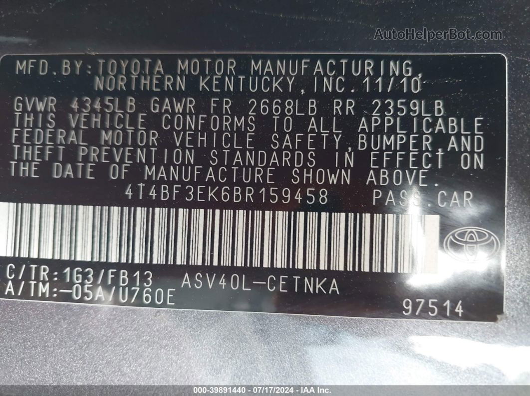 2011 Toyota Camry Le Gray vin: 4T4BF3EK6BR159458