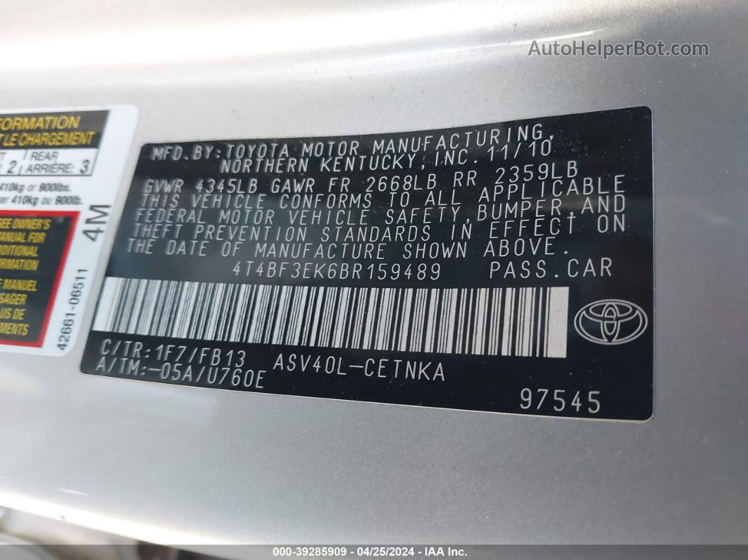 2011 Toyota Camry Le Silver vin: 4T4BF3EK6BR159489