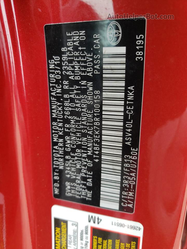 2011 Toyota Camry Base Красный vin: 4T4BF3EK7BR100158