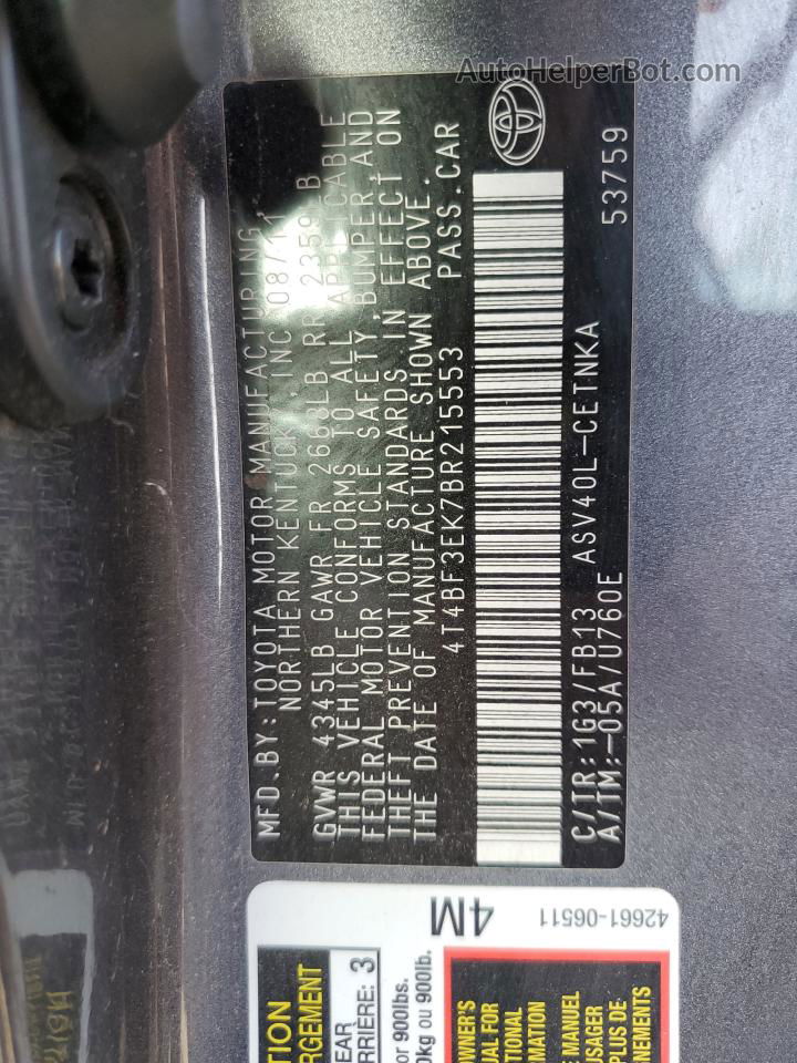 2011 Toyota Camry Base Gray vin: 4T4BF3EK7BR215553