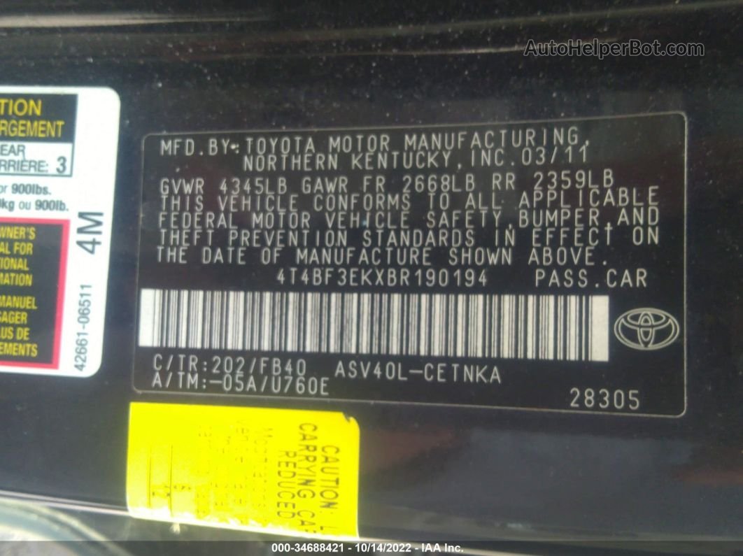 2011 Toyota Camry   Черный vin: 4T4BF3EKXBR190194