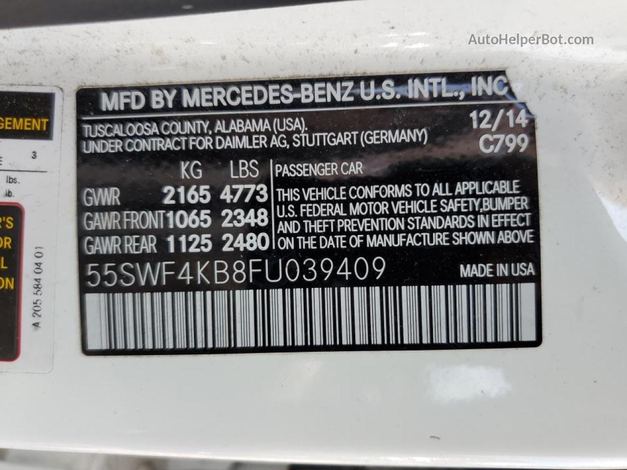 2015 Mercedes-benz C 300 4matic Белый vin: 55SWF4KB8FU039409