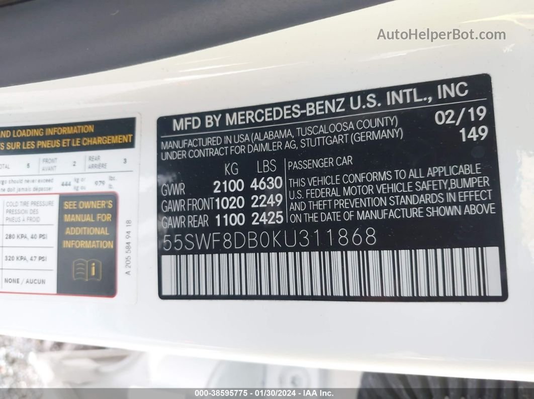 2019 Mercedes-benz C 300   Белый vin: 55SWF8DB0KU311868