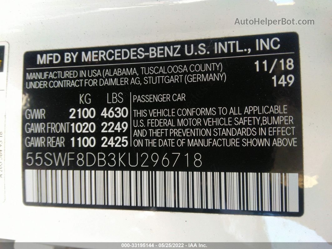 2019 Mercedes-benz C-class C 300 White vin: 55SWF8DB3KU296718