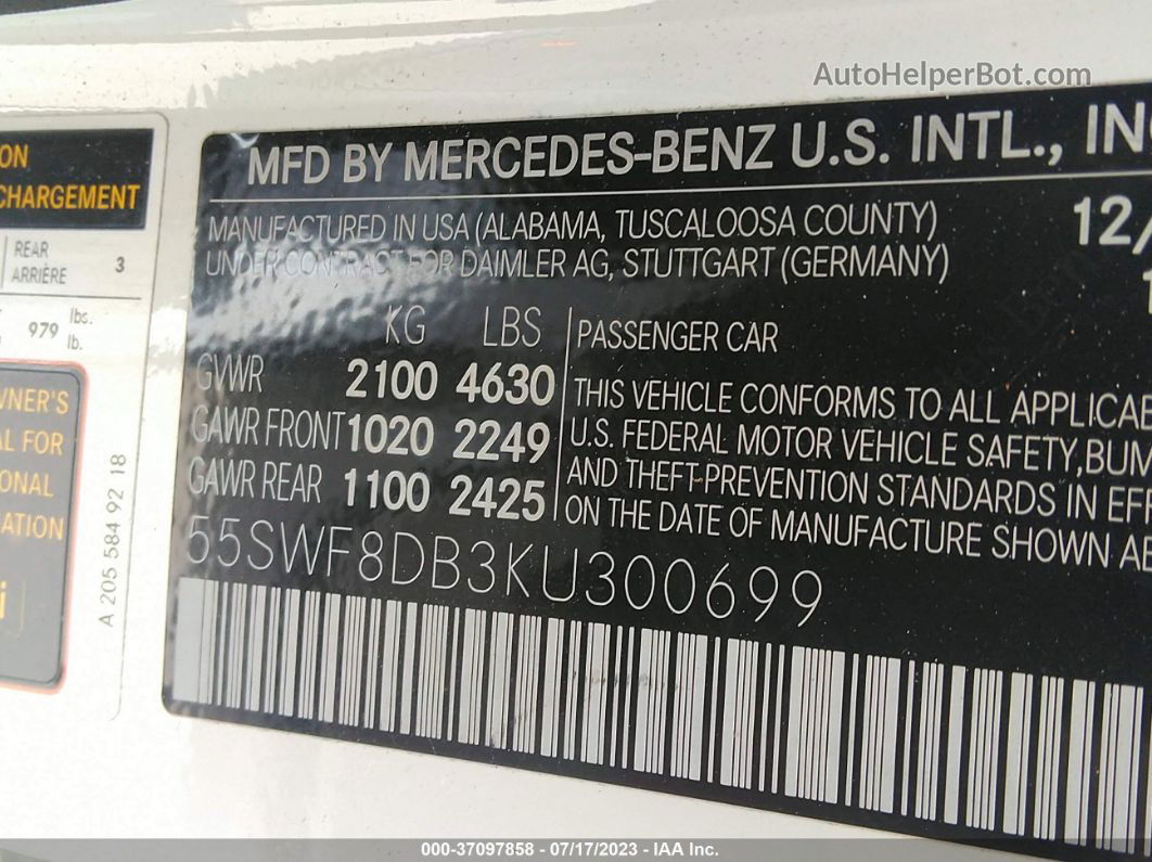 2019 Mercedes-benz C-class C 300 White vin: 55SWF8DB3KU300699