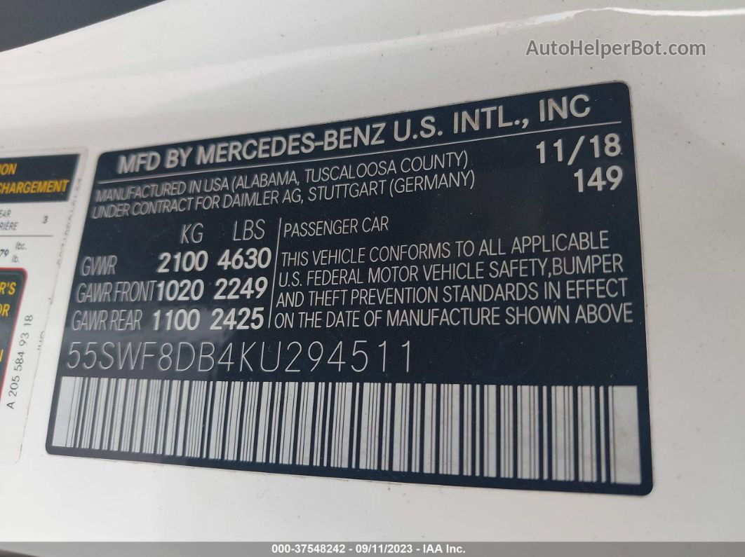 2019 Mercedes-benz C-class C 300 White vin: 55SWF8DB4KU294511