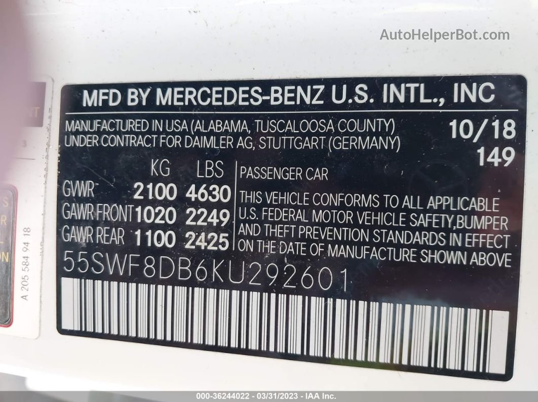 2019 Mercedes-benz C 300 White vin: 55SWF8DB6KU292601