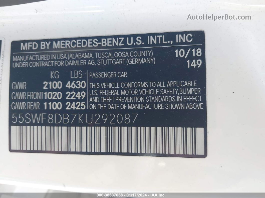 2019 Mercedes-benz C 300   White vin: 55SWF8DB7KU292087