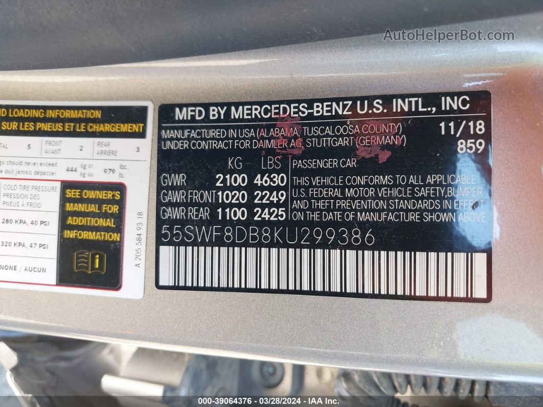 2019 Mercedes-benz C 300 Silver vin: 55SWF8DB8KU299386