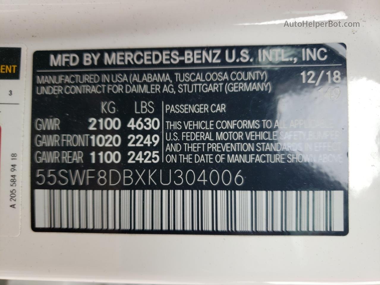 2019 Mercedes-benz C 300 White vin: 55SWF8DBXKU304006