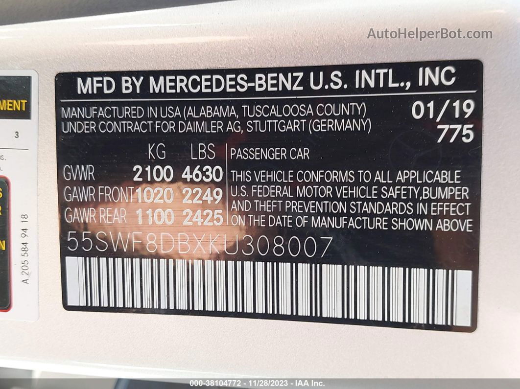 2019 Mercedes-benz C 300 Серебряный vin: 55SWF8DBXKU308007