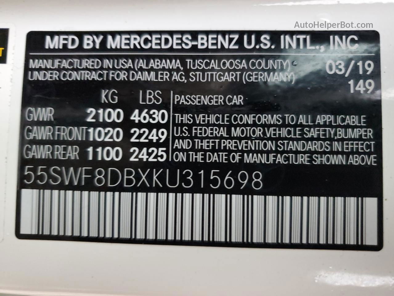 2019 Mercedes-benz C 300 White vin: 55SWF8DBXKU315698