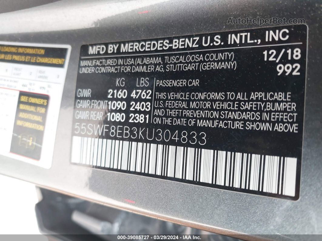 2019 Mercedes-benz C 300 4matic Gray vin: 55SWF8EB3KU304833