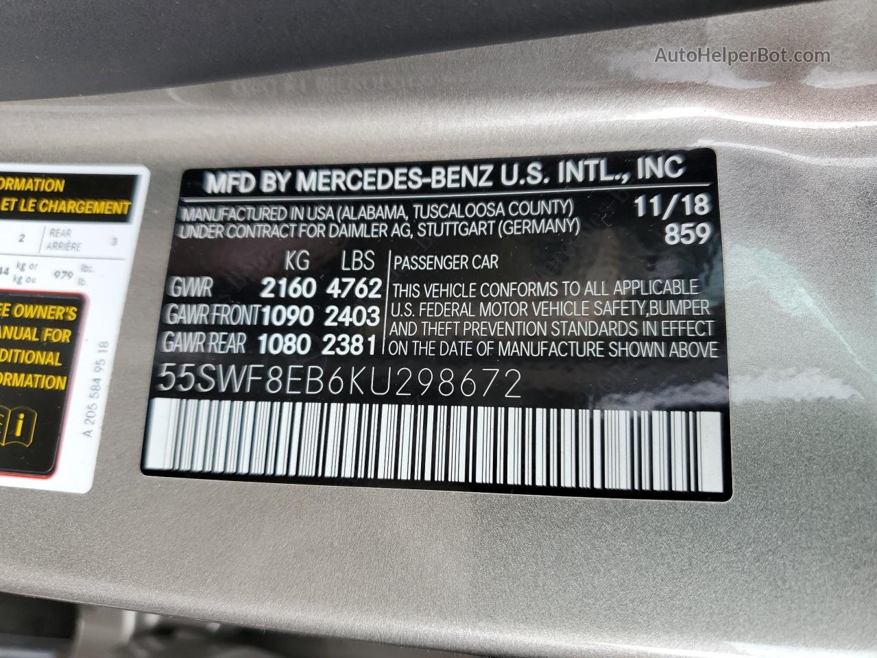 2019 Mercedes-benz C 300 4matic Серебряный vin: 55SWF8EB6KU298672