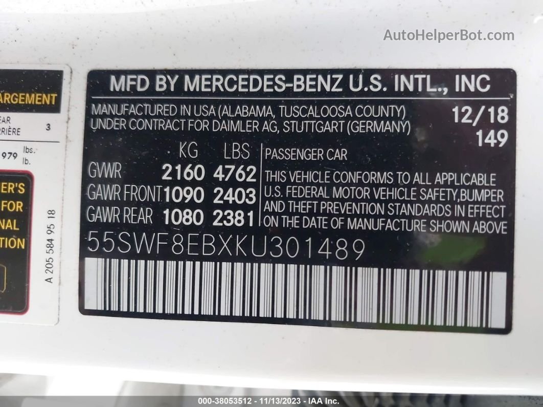 2019 Mercedes-benz C 300 4matic Белый vin: 55SWF8EBXKU301489