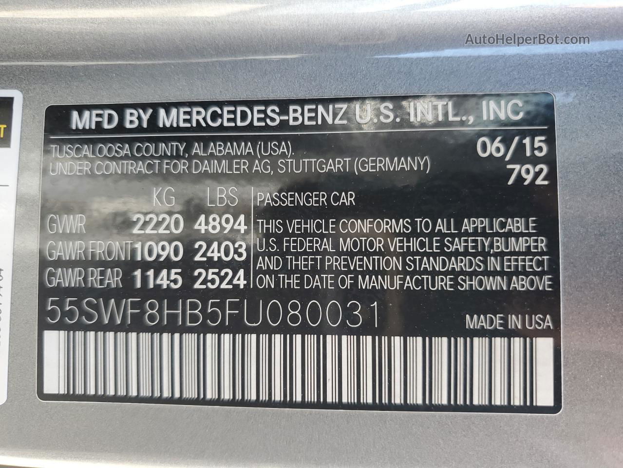 2015 Mercedes-benz C 63 Amg-s Gray vin: 55SWF8HB5FU080031