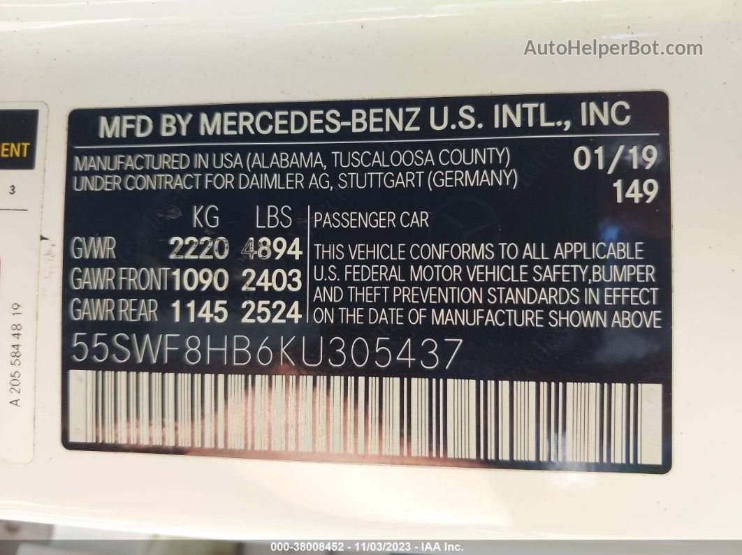 2019 Mercedes-benz Amg C 63 S White vin: 55SWF8HB6KU305437