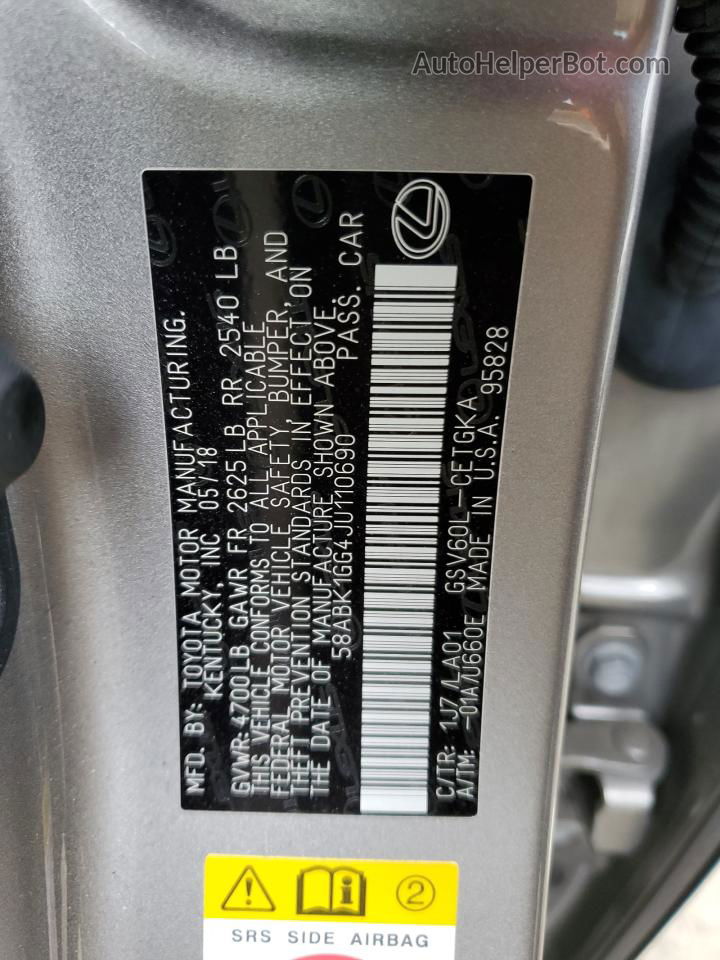 2018 Lexus Es 350 Gray vin: 58ABK1GG4JU110690