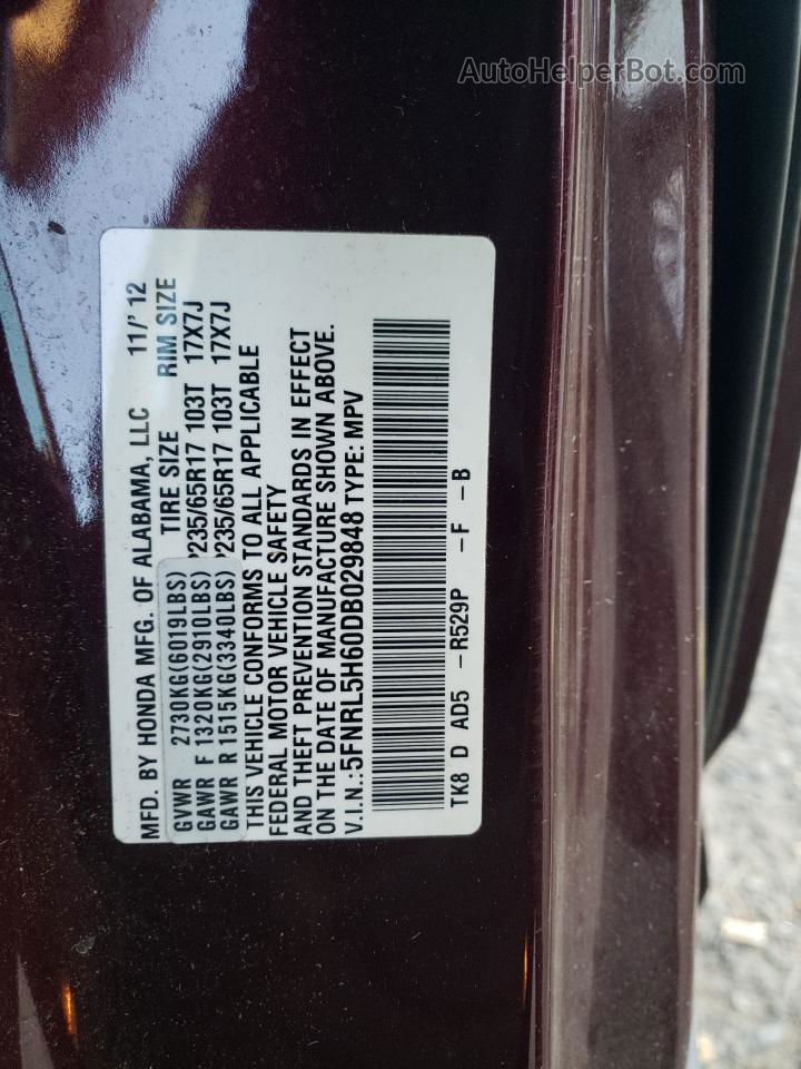 2013 Honda Odyssey Exl Burgundy vin: 5FNRL5H60DB029848