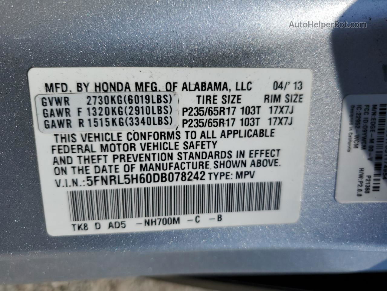 2013 Honda Odyssey Exl Silver vin: 5FNRL5H60DB078242