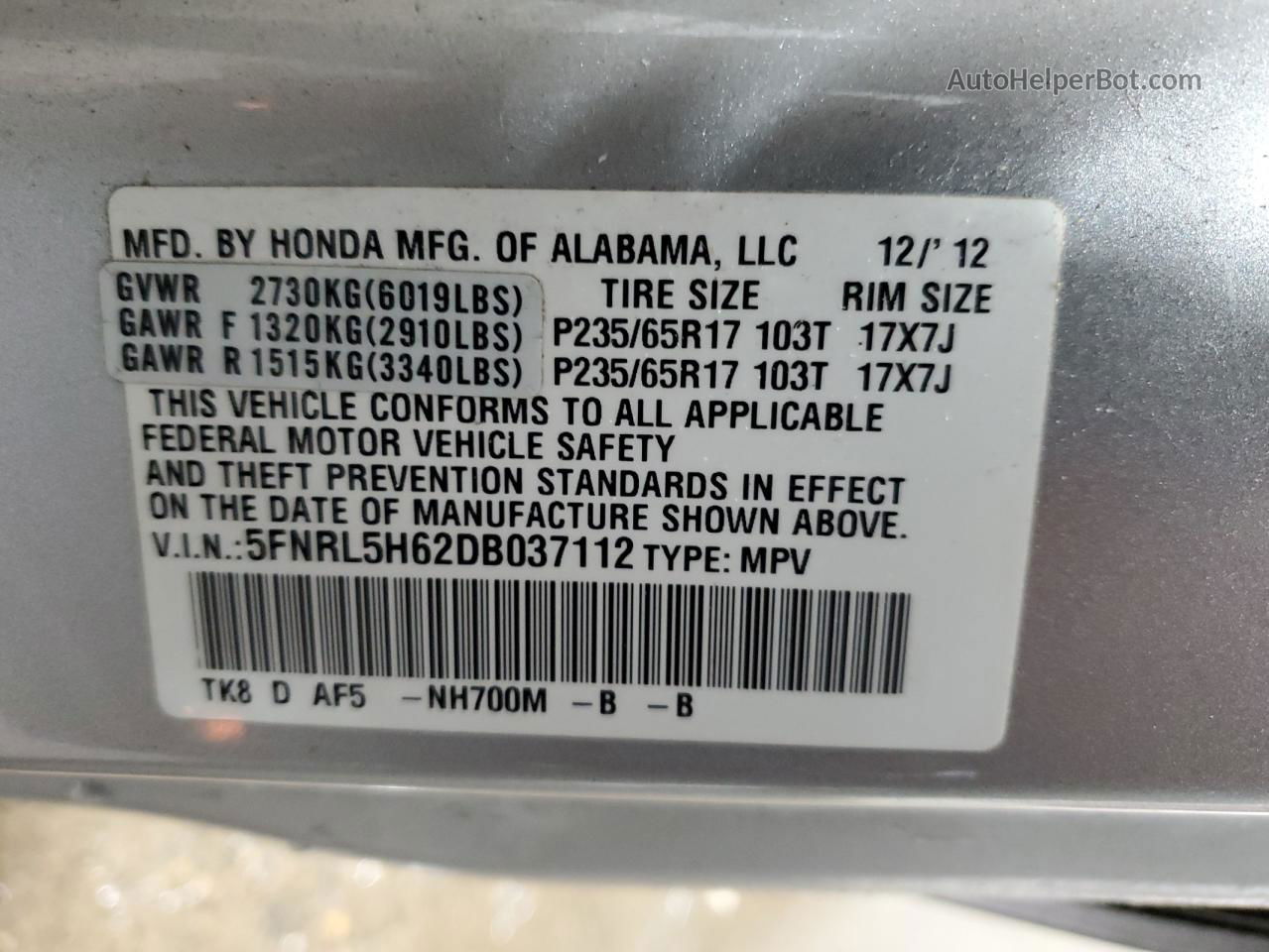 2013 Honda Odyssey Exl Silver vin: 5FNRL5H62DB037112