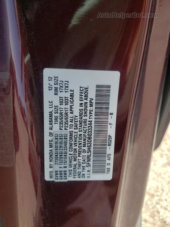 2013 Honda Odyssey Exl Burgundy vin: 5FNRL5H63DB033344