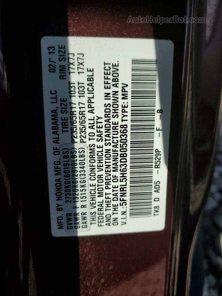 2013 Honda Odyssey Exl Maroon vin: 5FNRL5H63DB050368