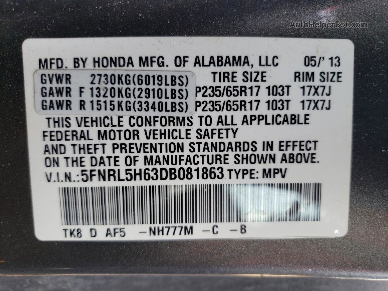 2013 Honda Odyssey Exl Gray vin: 5FNRL5H63DB081863