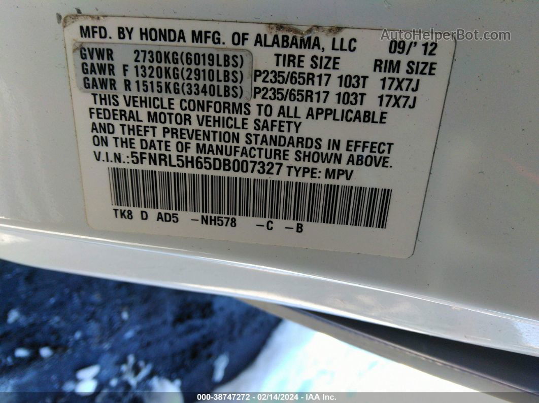 2013 Honda Odyssey Ex-l White vin: 5FNRL5H65DB007327