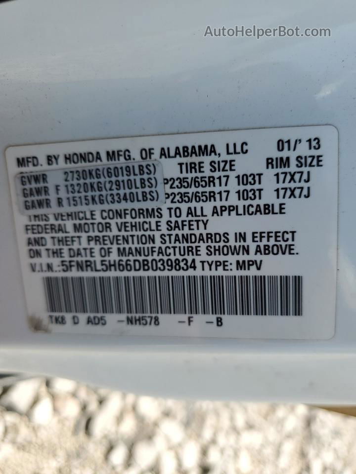 2013 Honda Odyssey Exl White vin: 5FNRL5H66DB039834