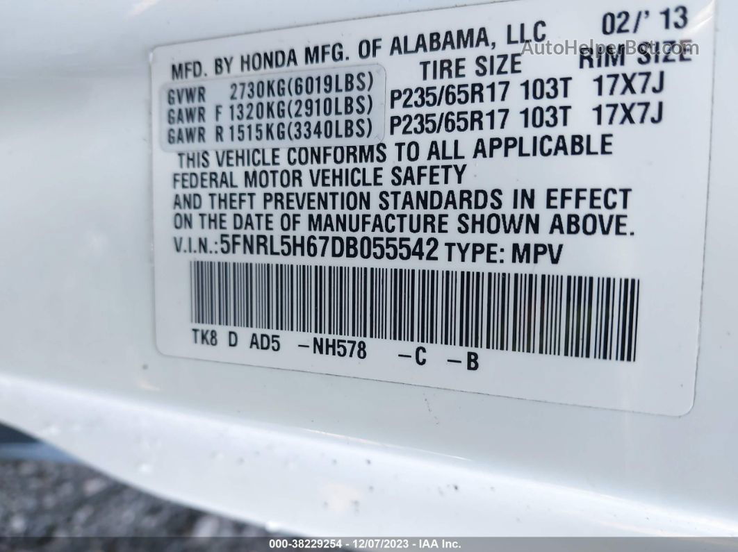 2013 Honda Odyssey Ex-l White vin: 5FNRL5H67DB055542