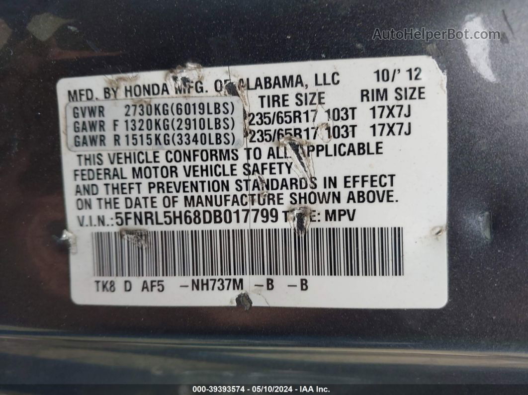 2013 Honda Odyssey Ex-l Gray vin: 5FNRL5H68DB017799