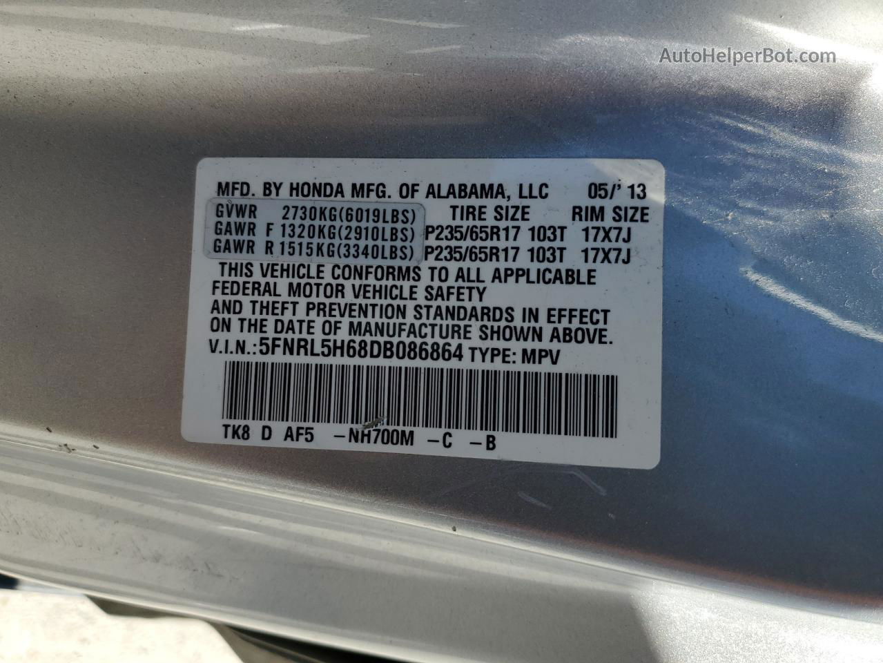 2013 Honda Odyssey Exl Silver vin: 5FNRL5H68DB086864