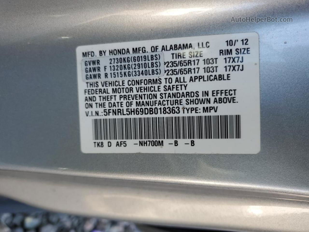 2013 Honda Odyssey Exl Silver vin: 5FNRL5H69DB018363