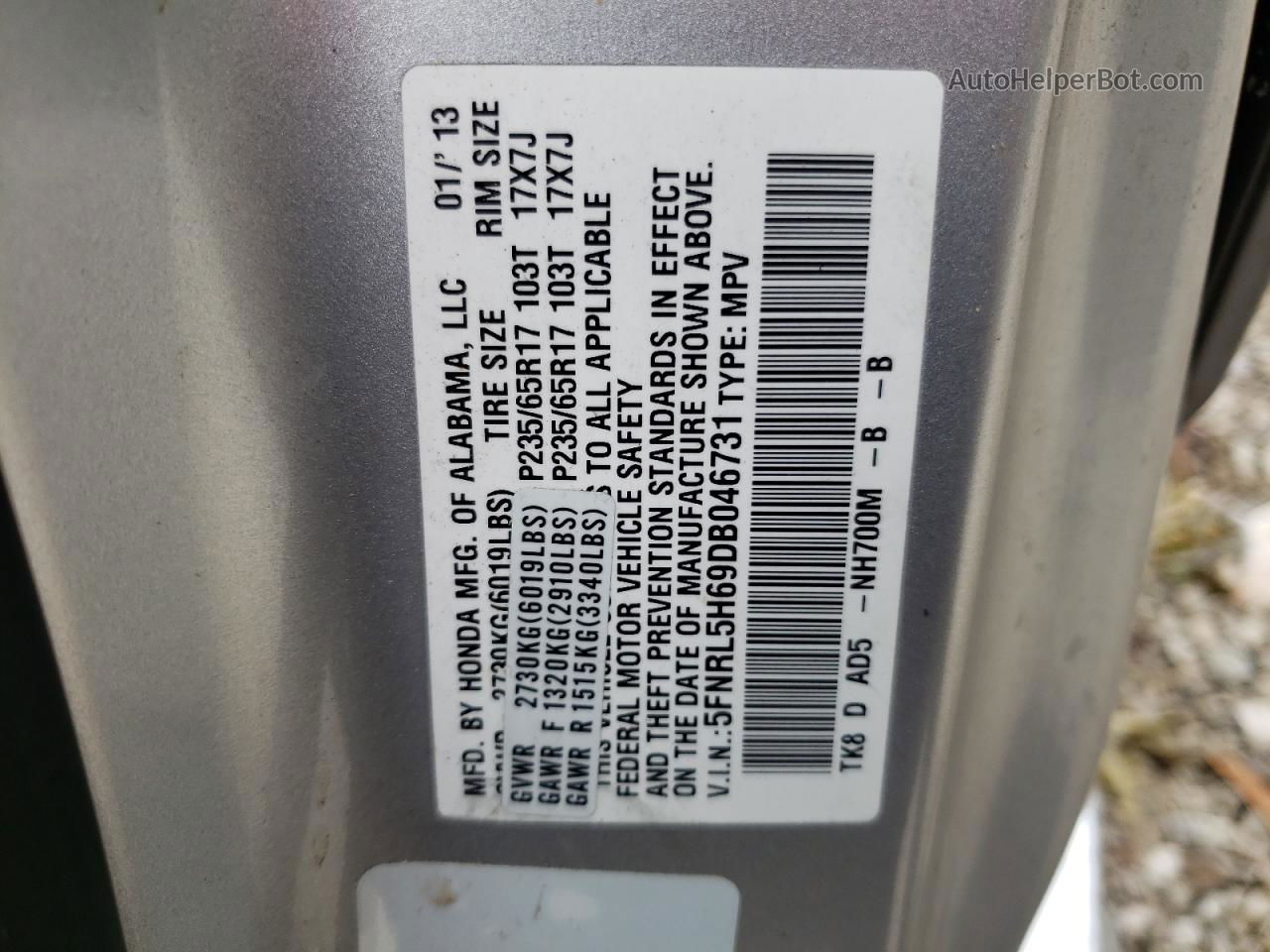 2013 Honda Odyssey Exl Silver vin: 5FNRL5H69DB046731