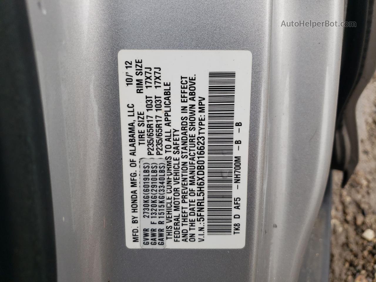 2013 Honda Odyssey Exl Silver vin: 5FNRL5H6XDB016623