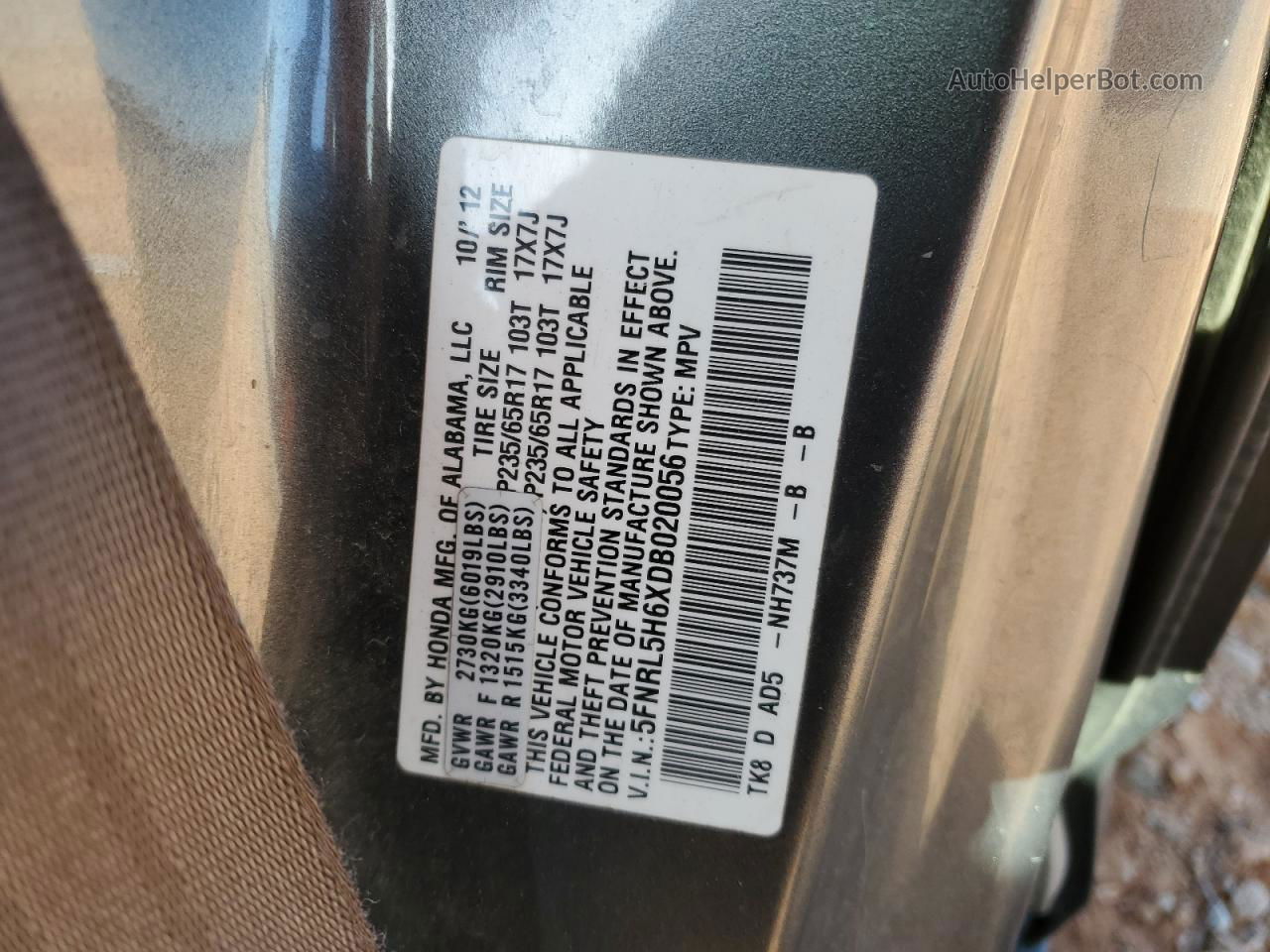 2013 Honda Odyssey Exl Gray vin: 5FNRL5H6XDB020056