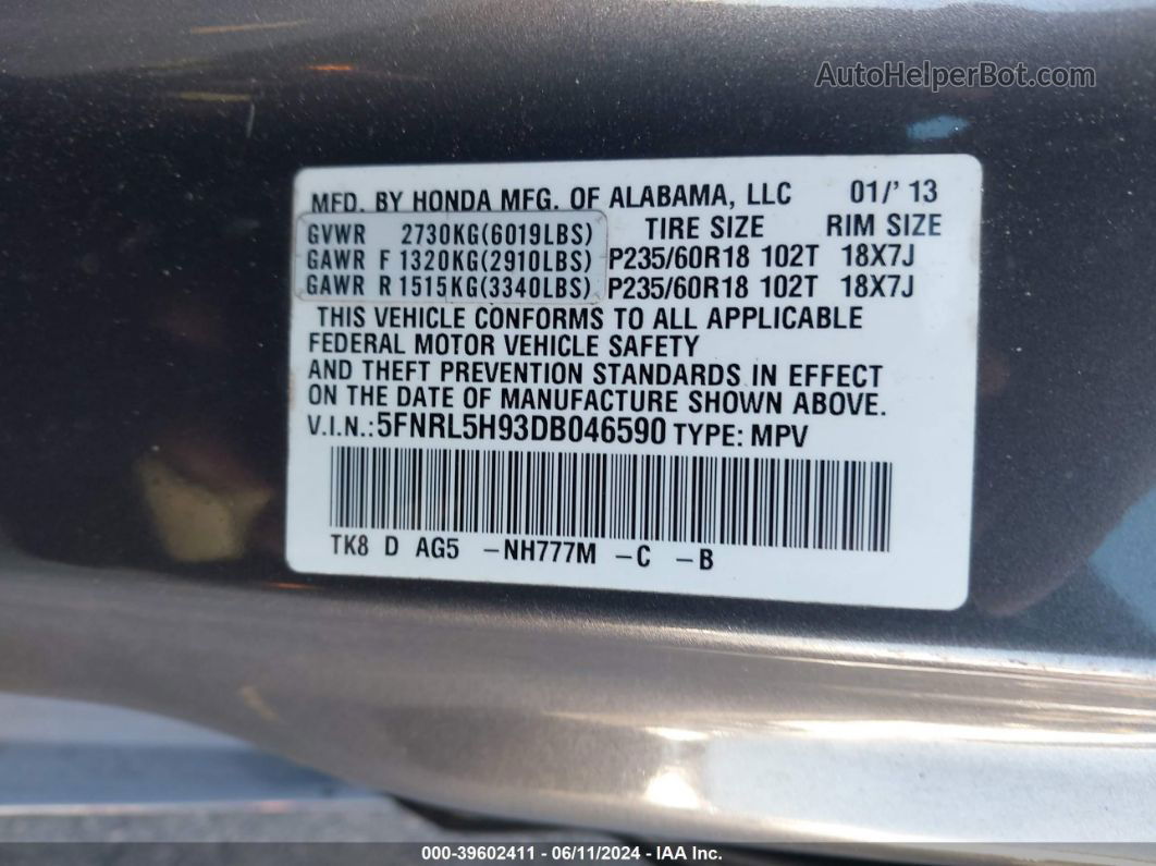 2013 Honda Odyssey Touring/touring Elite Gray vin: 5FNRL5H93DB046590