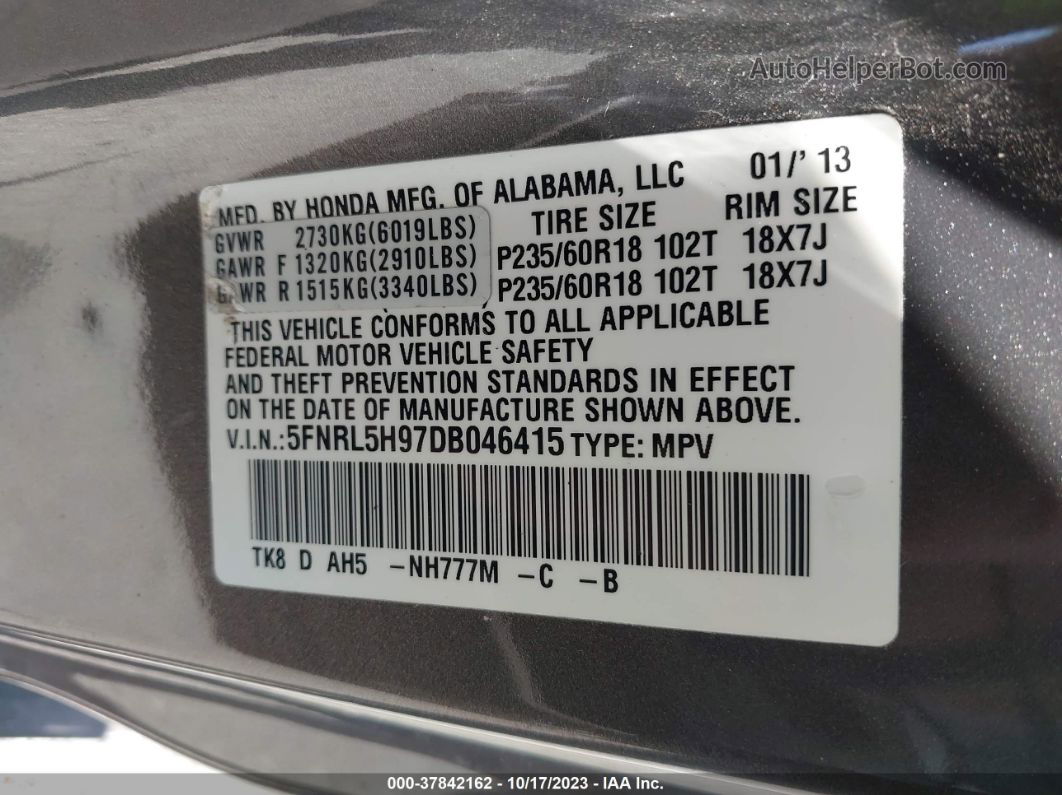 2013 Honda Odyssey Touring/touring Elite Gray vin: 5FNRL5H97DB046415