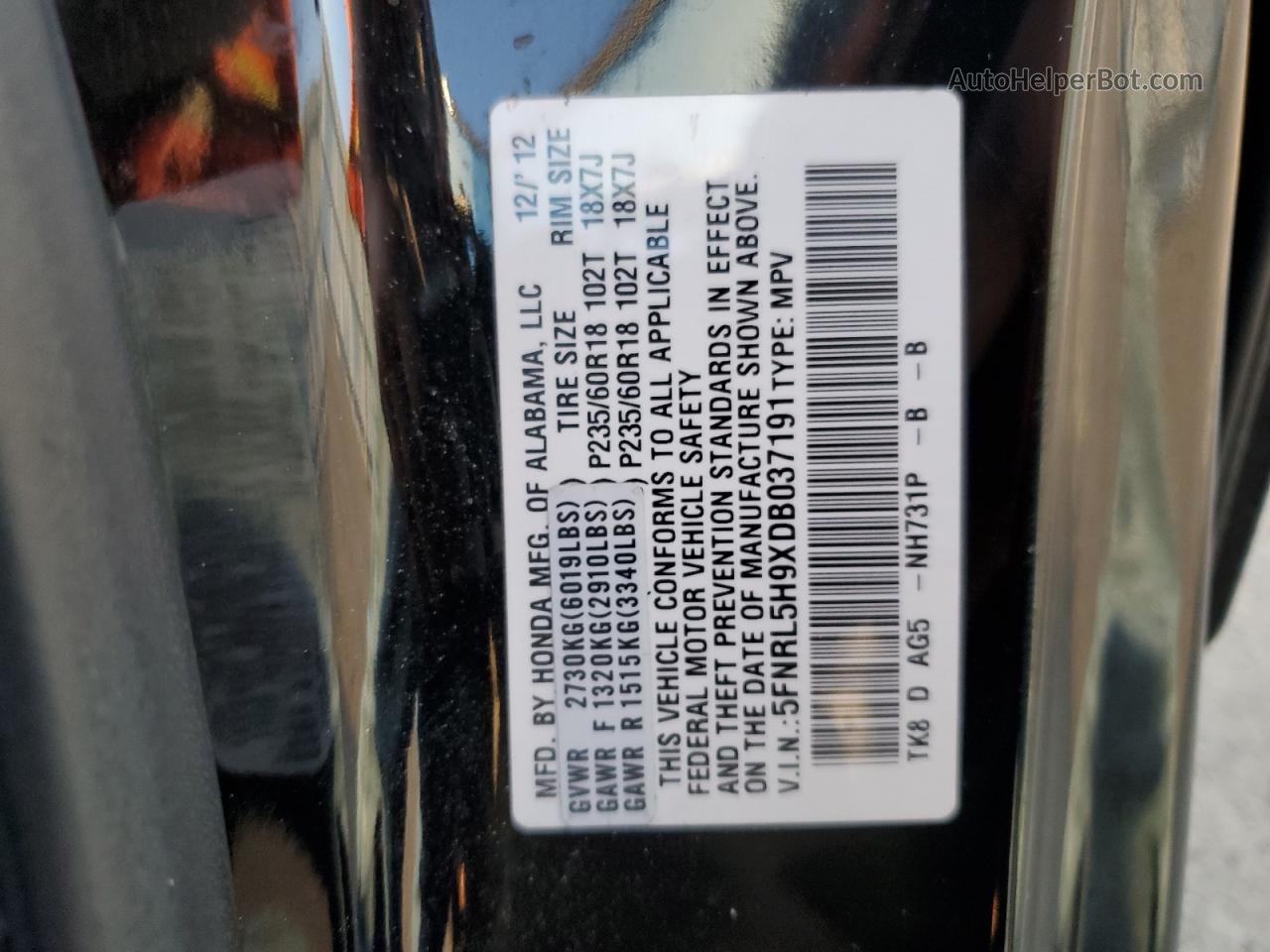 2013 Honda Odyssey Touring Black vin: 5FNRL5H9XDB037191