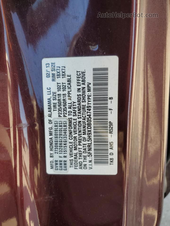 2013 Honda Odyssey Touring Burgundy vin: 5FNRL5H9XDB054749