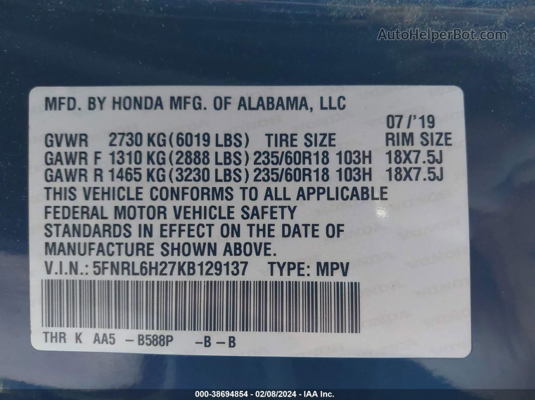 2019 Honda Odyssey Lx Blue vin: 5FNRL6H27KB129137