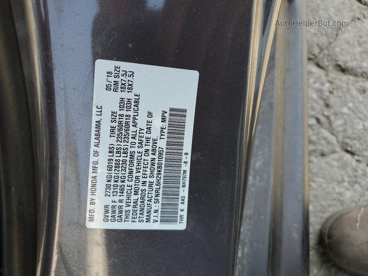 2019 Honda Odyssey Lx Угольный vin: 5FNRL6H29KB010957